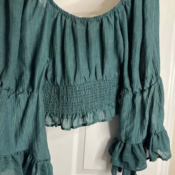 Blush Dark Green Smocked Waist Tiered Bell Sleeve Crop Top - Picture 5 of 5